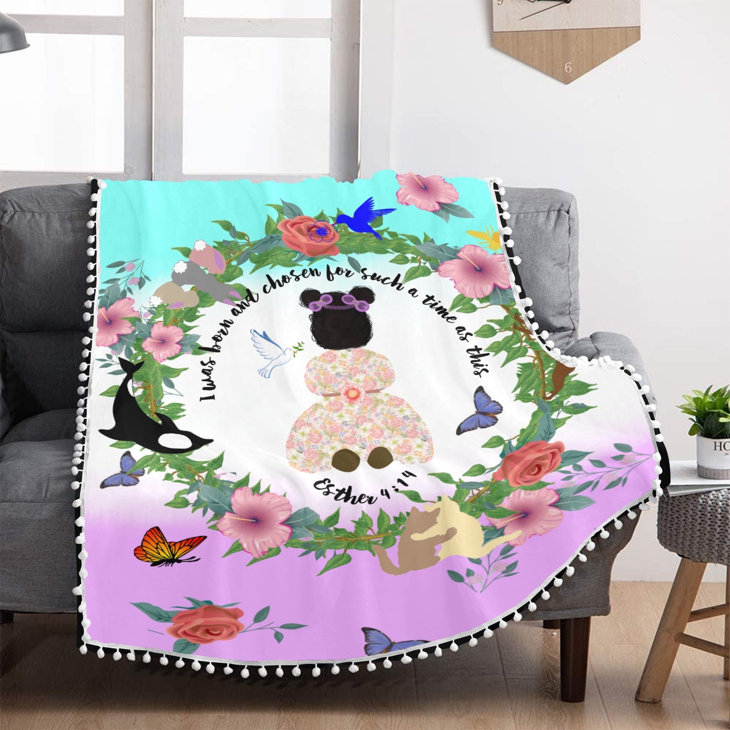 English || Born For This Time Baby Girl’s Pom Pom Blanket