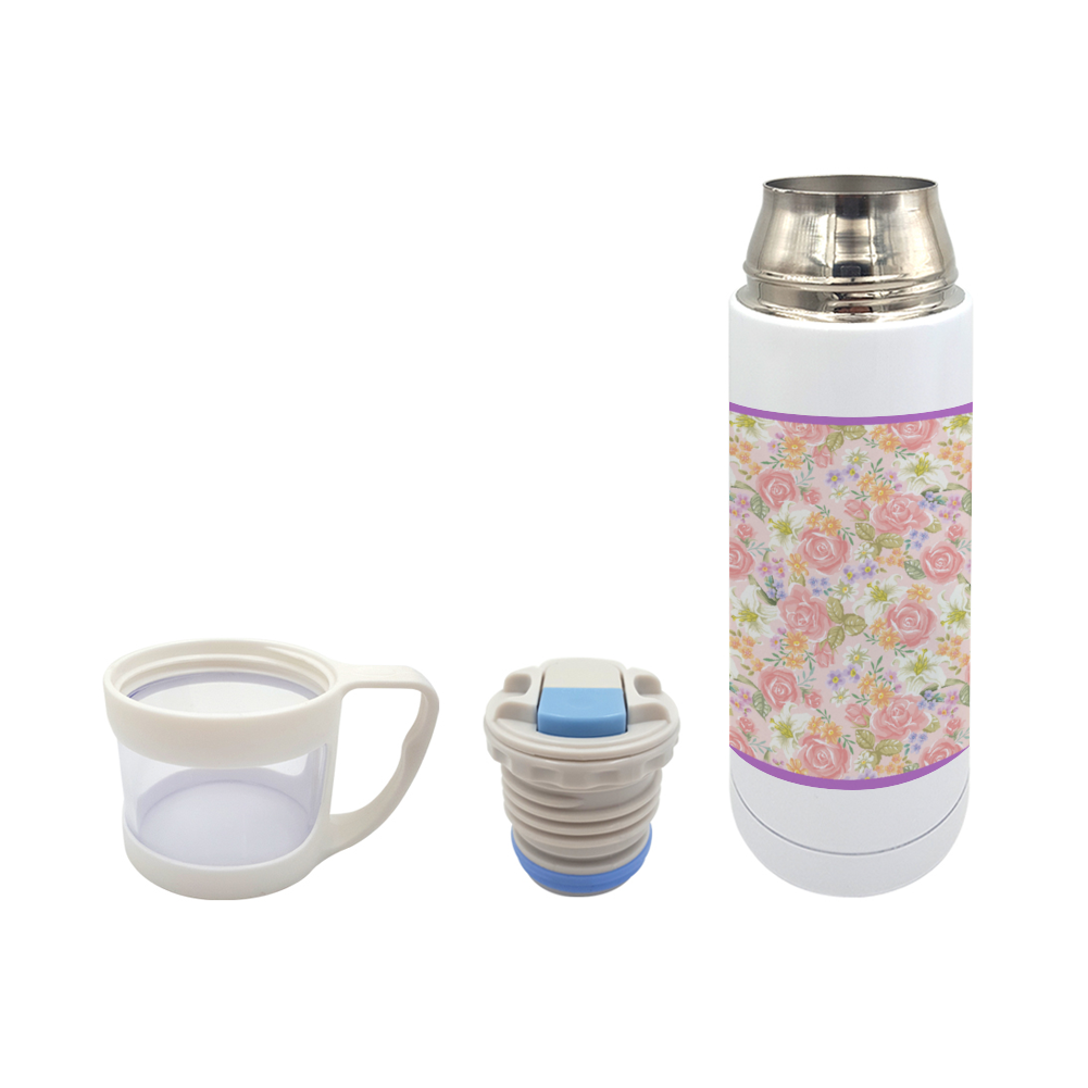 Floral Stainless Steel Thermal Insulated Bottle with Cup, 12oz || Purple Trim