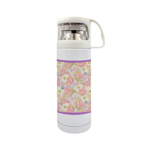 Floral Stainless Steel Thermal Insulated Bottle with Cup, 12oz || Purple Trim