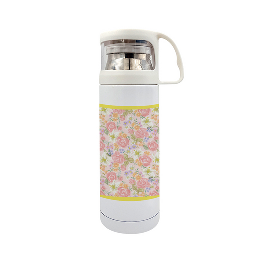 Floral Stainless Steel Thermal Insulated Bottle with Cup, 12oz || Yellow Trim