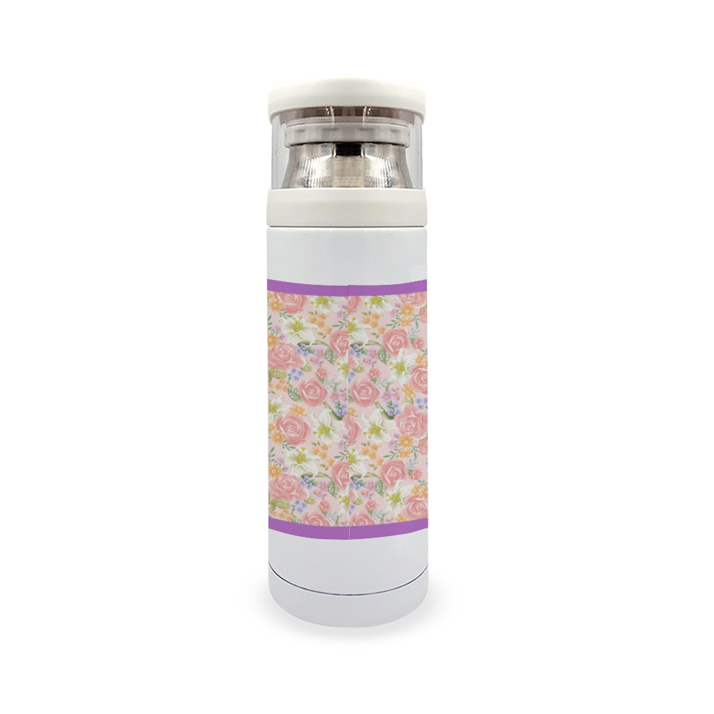 Floral Stainless Steel Thermal Insulated Bottle with Cup, 12oz || Purple Trim