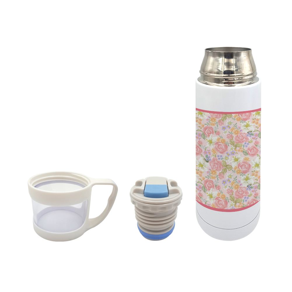 Floral Stainless Steel Thermal Insulated Bottle with Cup, 12oz || Pink Trim